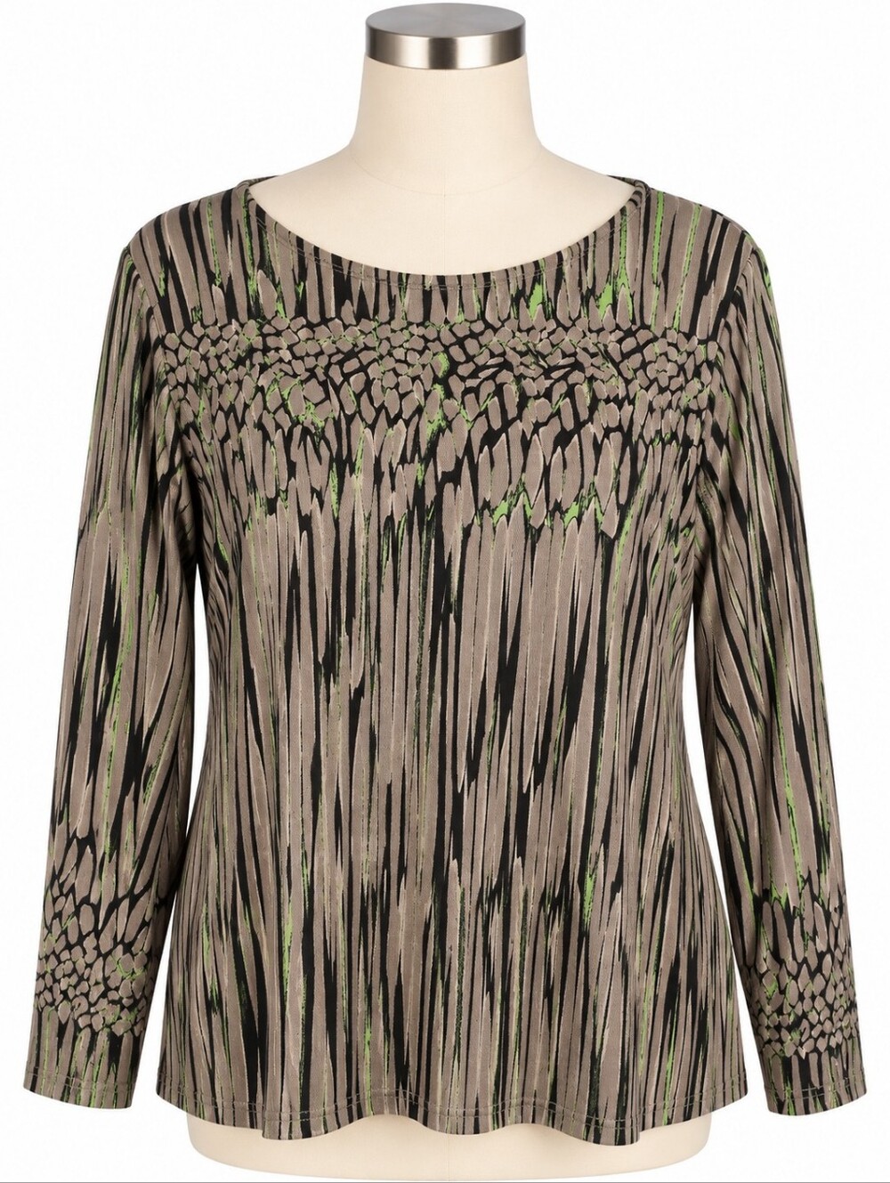 Bob Mackie Wearable Art Top L Womens Gray Black Green Abstract Knit Long Sleeve